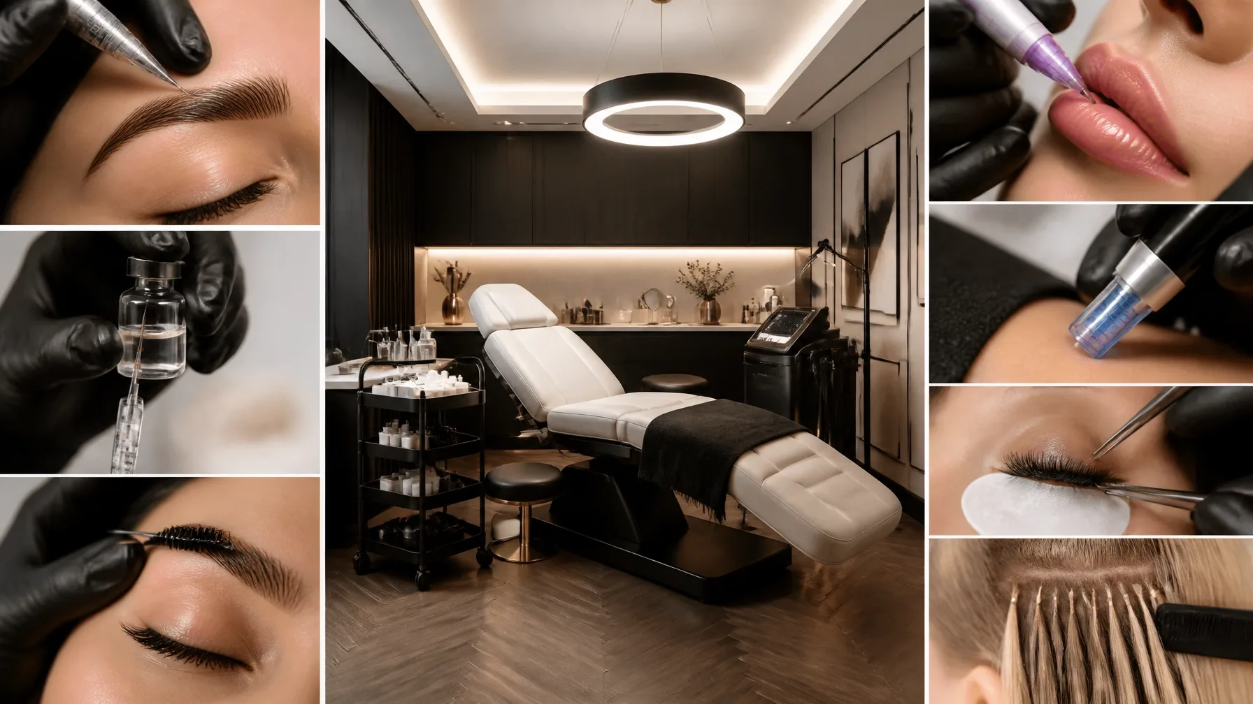 A bright luxury treatment room surrounded by close-up details of brow, lip, skin and lash treatments