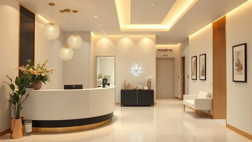 Welcoming Obsidian reception with a curved white desk, soft lighting and gold details